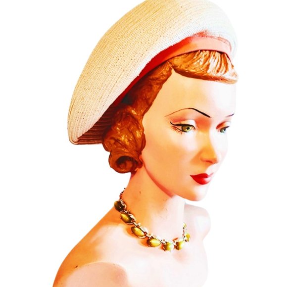 1960s Vintage Designer Big Bubble Beret Hat Tan and Orange Trim Hattie Carnegie - Picture 4 of 6